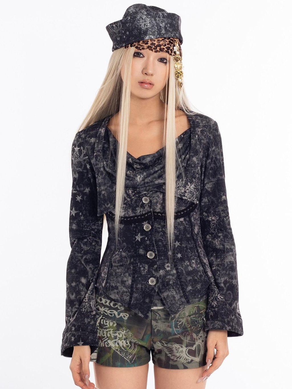 4RE1GN Vintage Mystic Pattern Print Lapel Cinched Waist Women's Casual Jackets