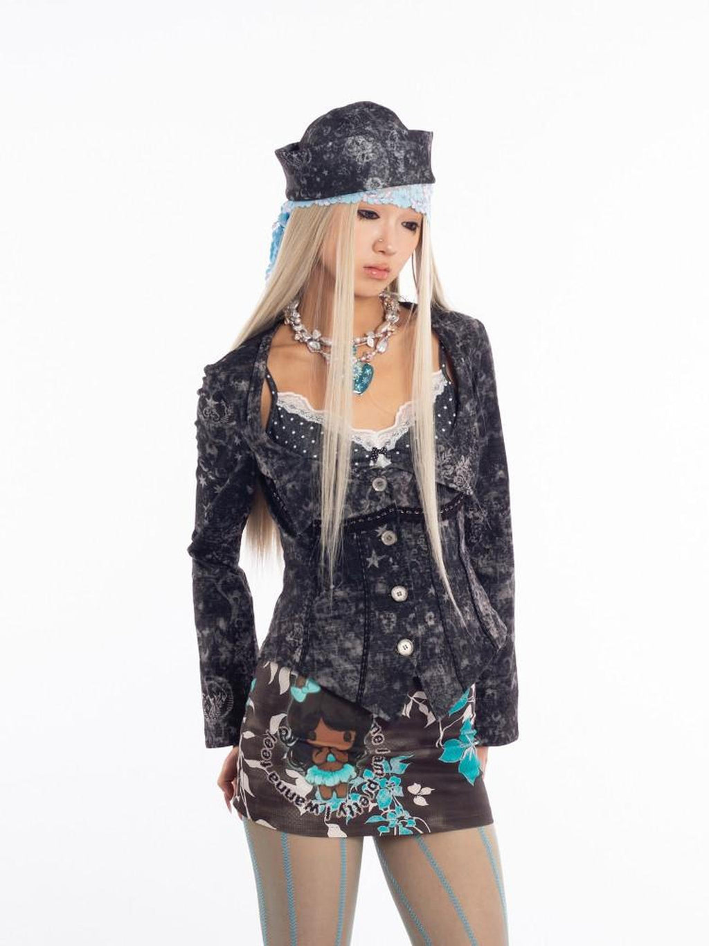 4RE1GN Vintage Mystic Pattern Print Lapel Cinched Waist Women's Casual Jackets