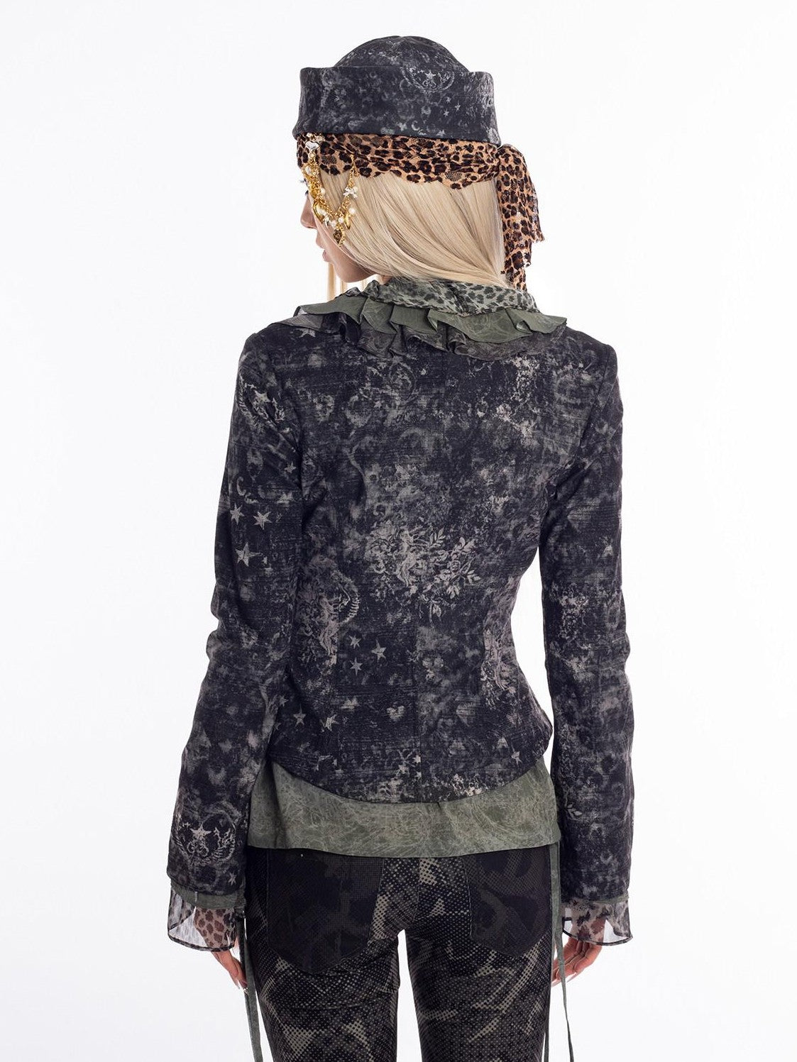 4RE1GN Vintage Mystic Pattern Print Lapel Cinched Waist Women's Casual Jackets