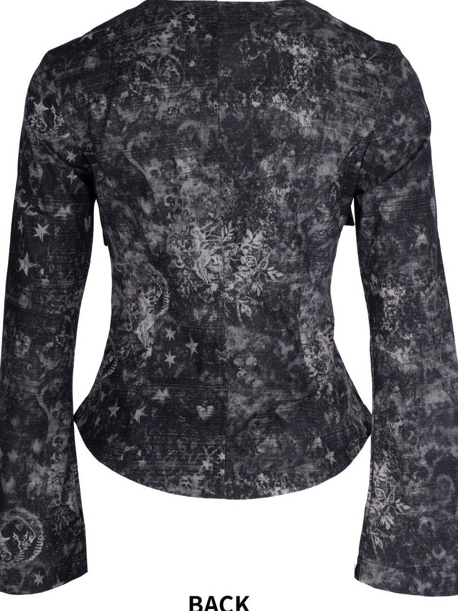 4RE1GN Vintage Mystic Pattern Print Lapel Cinched Waist Women's Casual Jackets