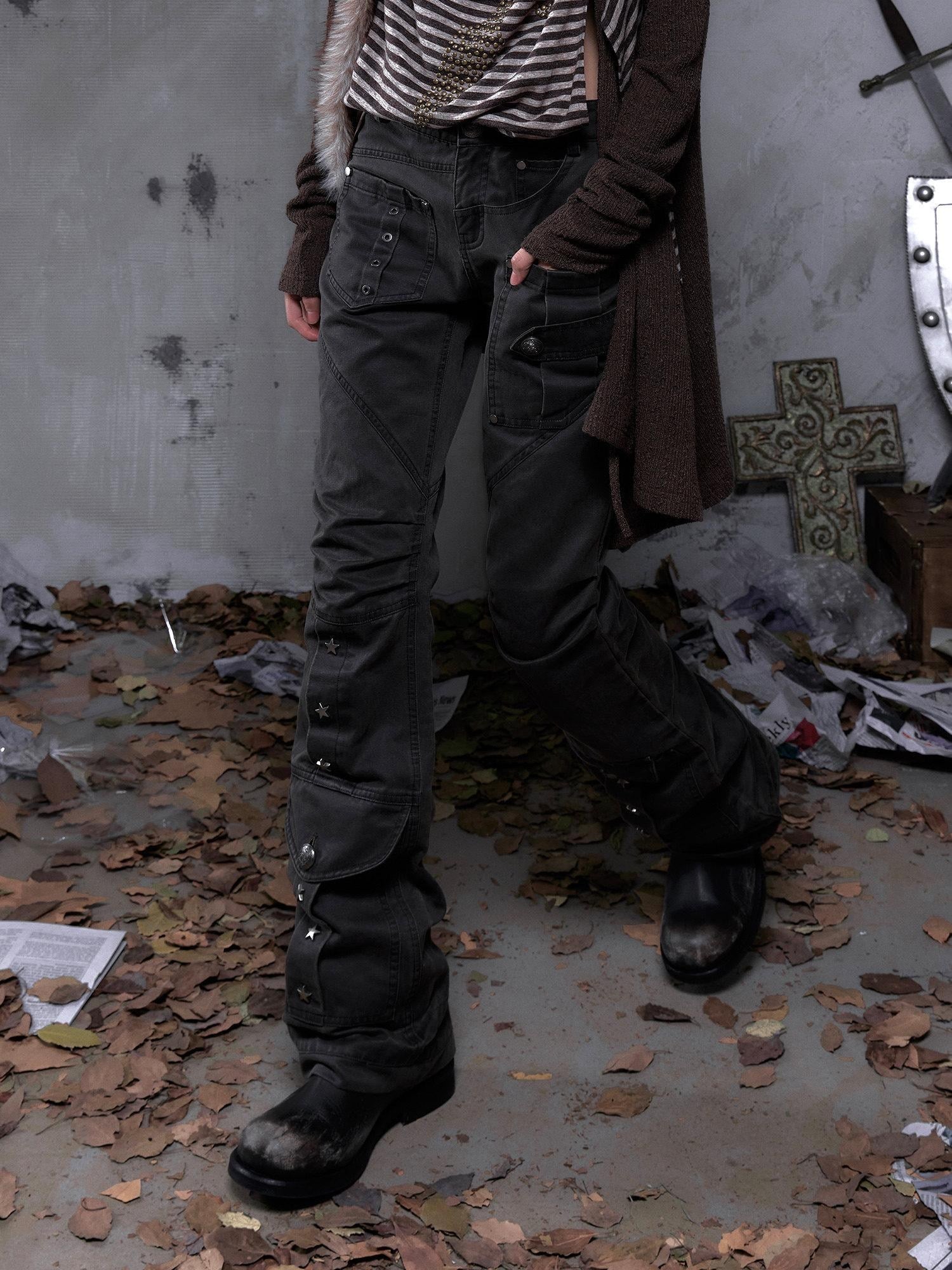 NO ROMANCE Pleated Button Mid Low Rise Subtle Flare Dark Grunge Women Chinos