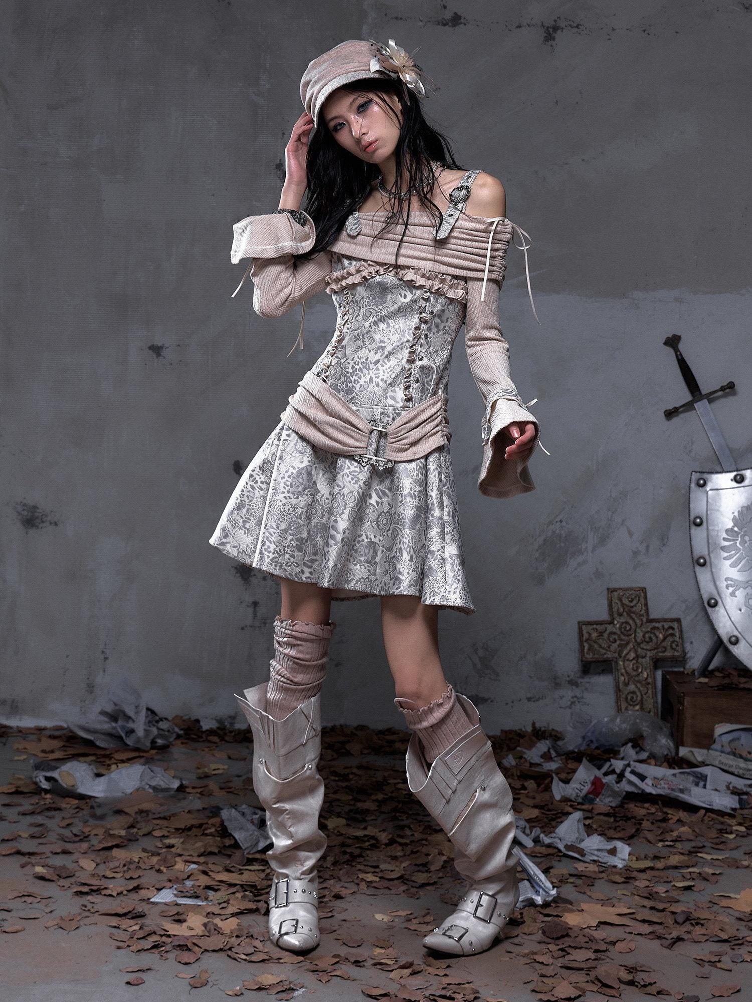 NO ROMANCE Soft Knit Longsleeve Punk A Line Slim Women Khaki Slip Midi Dresses