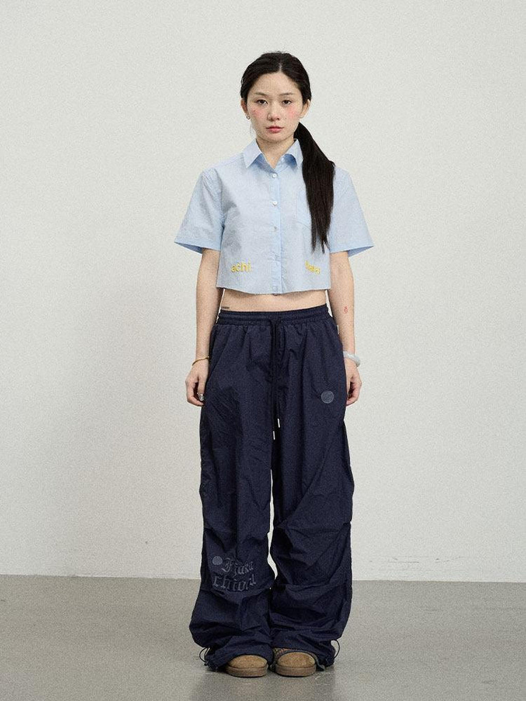 Achihara Soda Blue Office Collared Short Sleeve Women'S 100 Percent Cotton Crop Tops