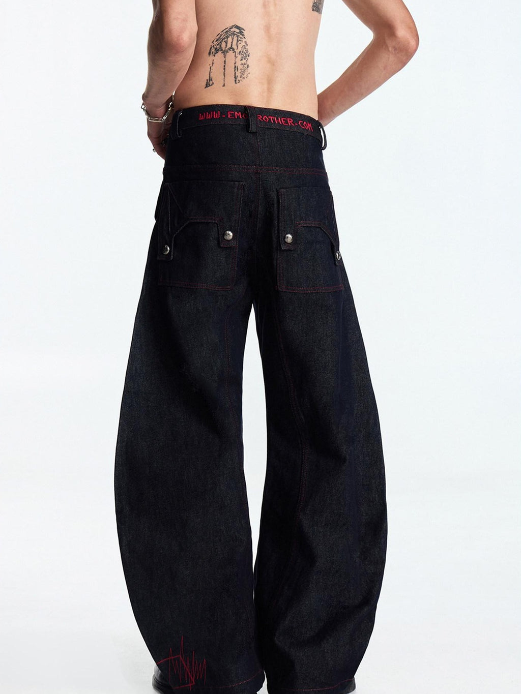EMOBROTHER Embroidered Patch Mid Rise Baggy American Denim Cotton Wide-Leg Jeans