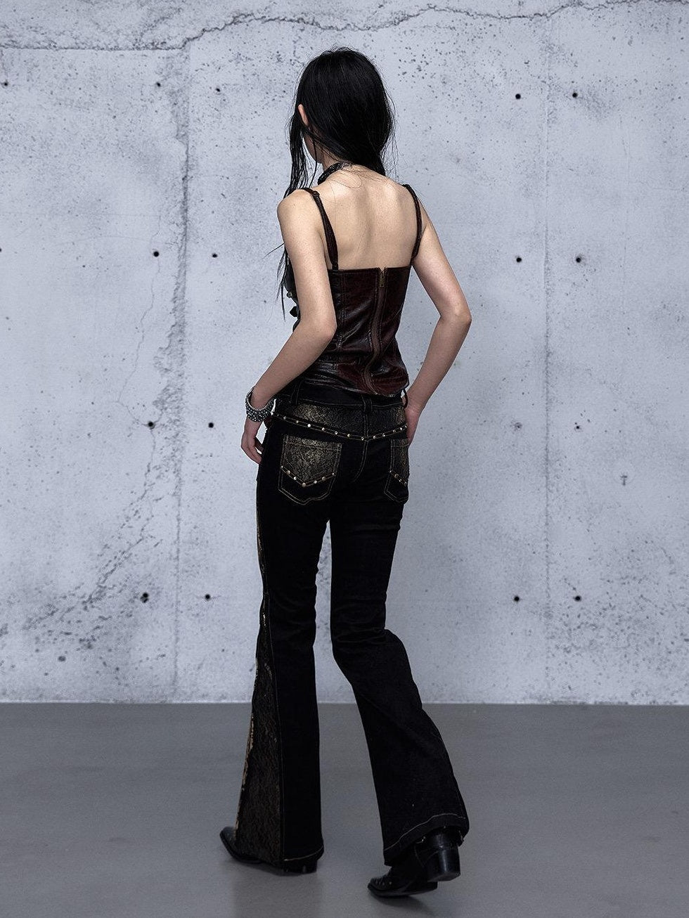 NO ROMANCE Rhinestone Low Rise Slim Fit Modern Patchwork Floral Mid Stretch Flare Jeans
