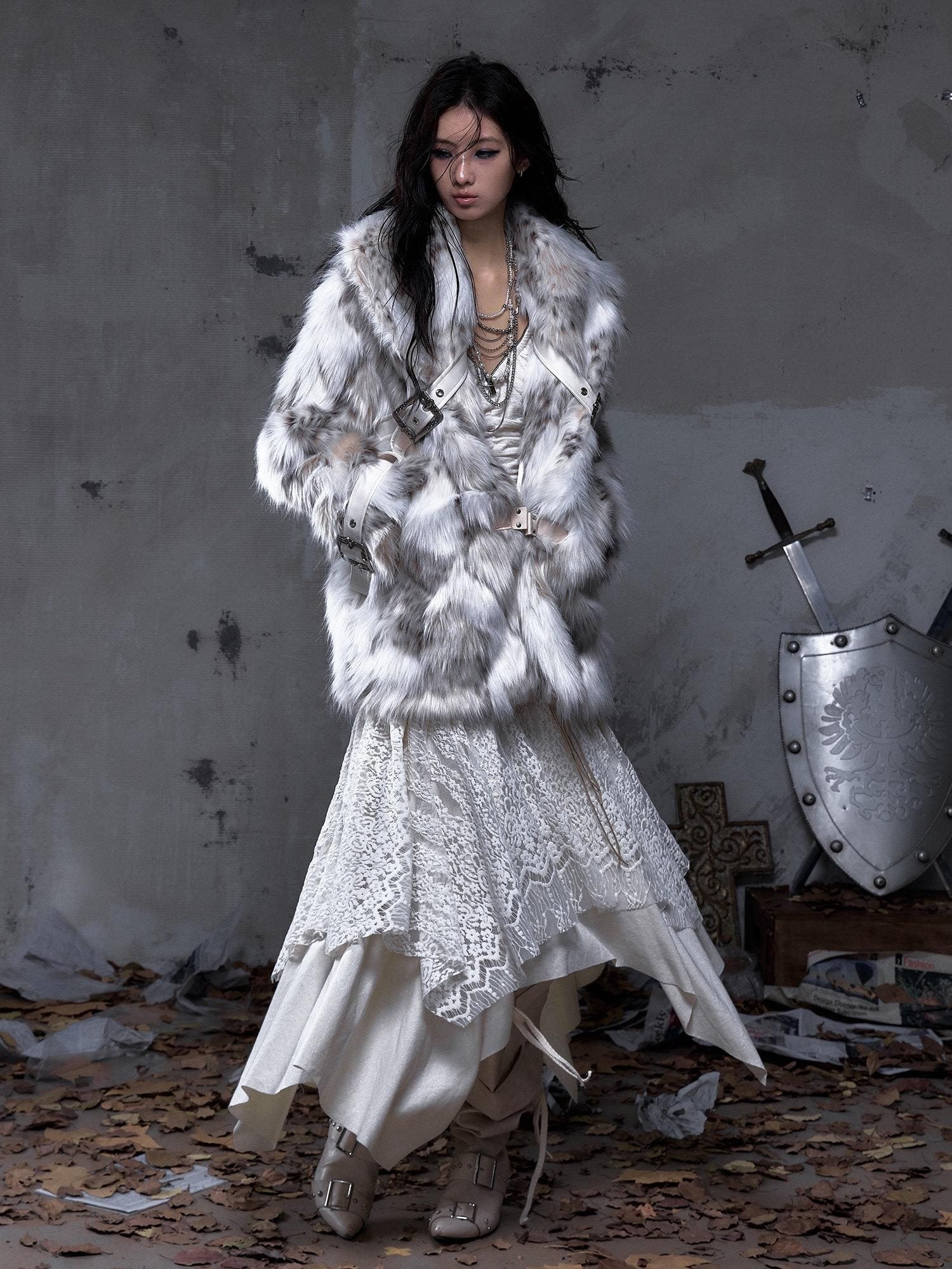 NO ROMANCE Insulated Retro Relaxed Midlength Lapel Fur Trim Women Ivory Puffer Jackets