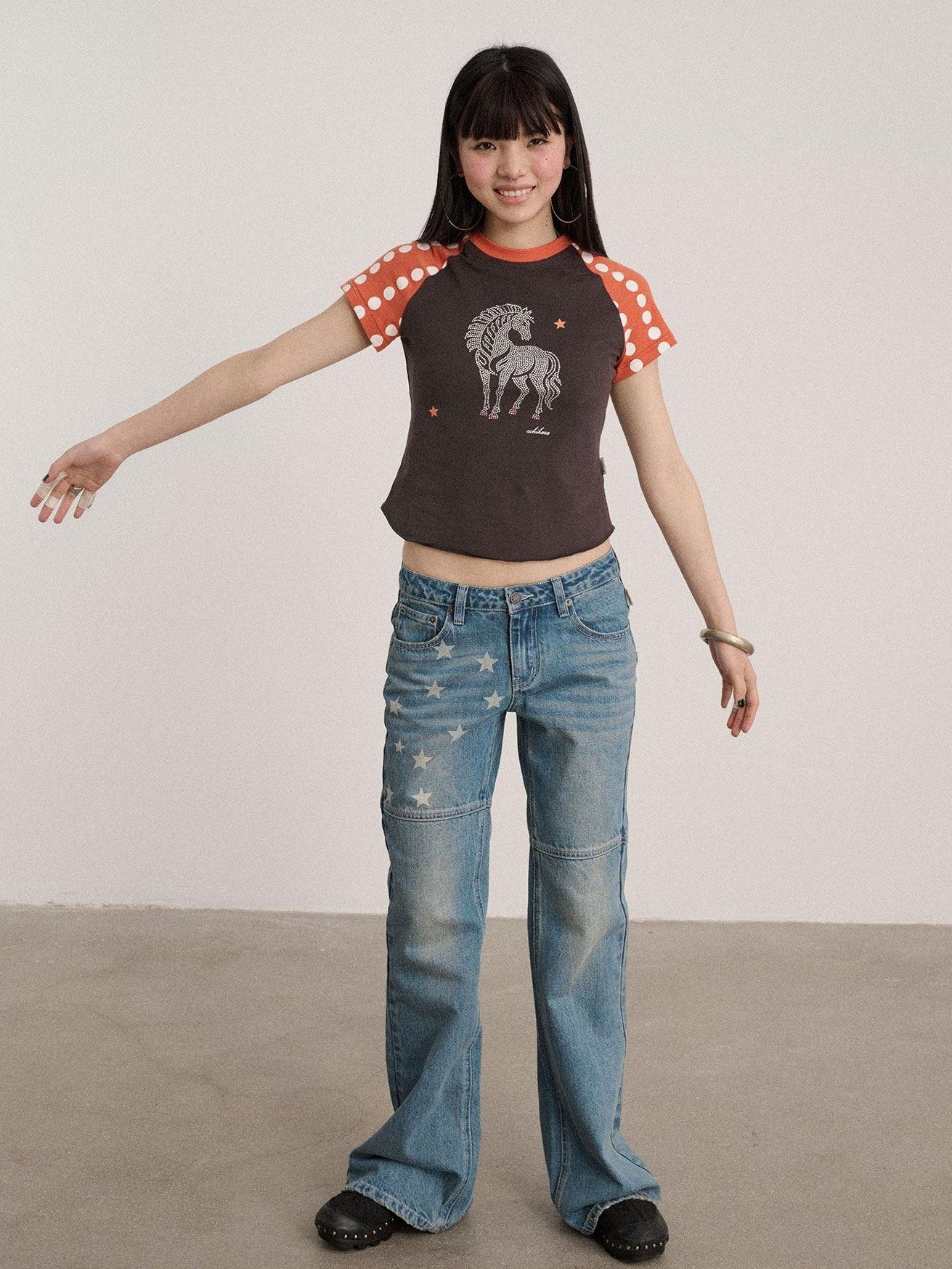 Achihara Polka Dot Contrast Panel Rhinestone Women'S Cotton Blend Short Sleeve T-Shirts
