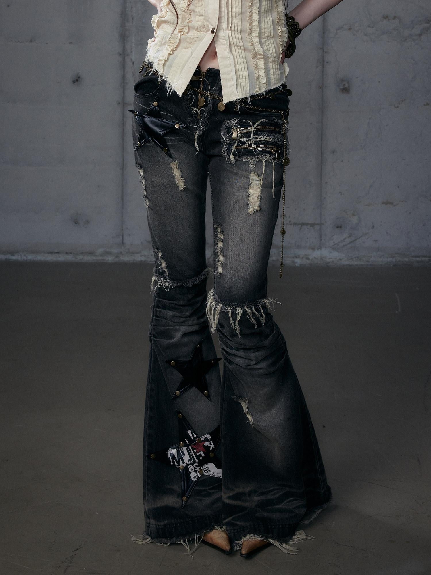 NO ROMANCE Vintage Washed Black Star Print High Waist Slim Fit Women Jeans Flare Jeans