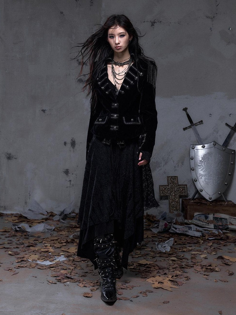 NO ROMANCE Light Fleece Lined Fitted Waist Button Long Sleeve Black Cropped Jackets