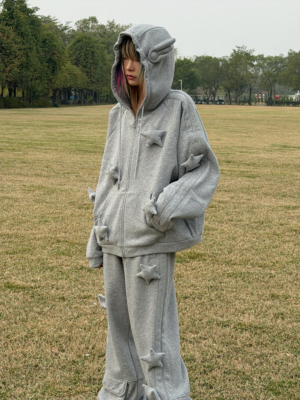 CFIERCE Asymmetrical Loose Straight Leg Street Natural Waist Gray Cotton Pants