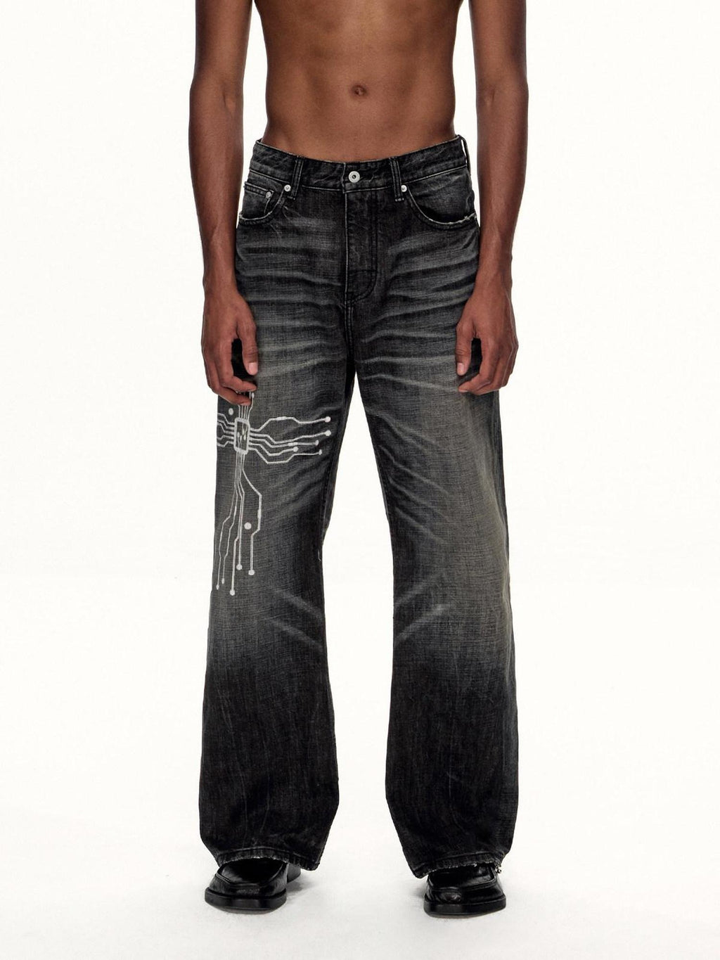 EMOBROTHER Wrinkle Free Whiskered Printed Mid Rise Relaxed Casual Cotton Straight Jeans