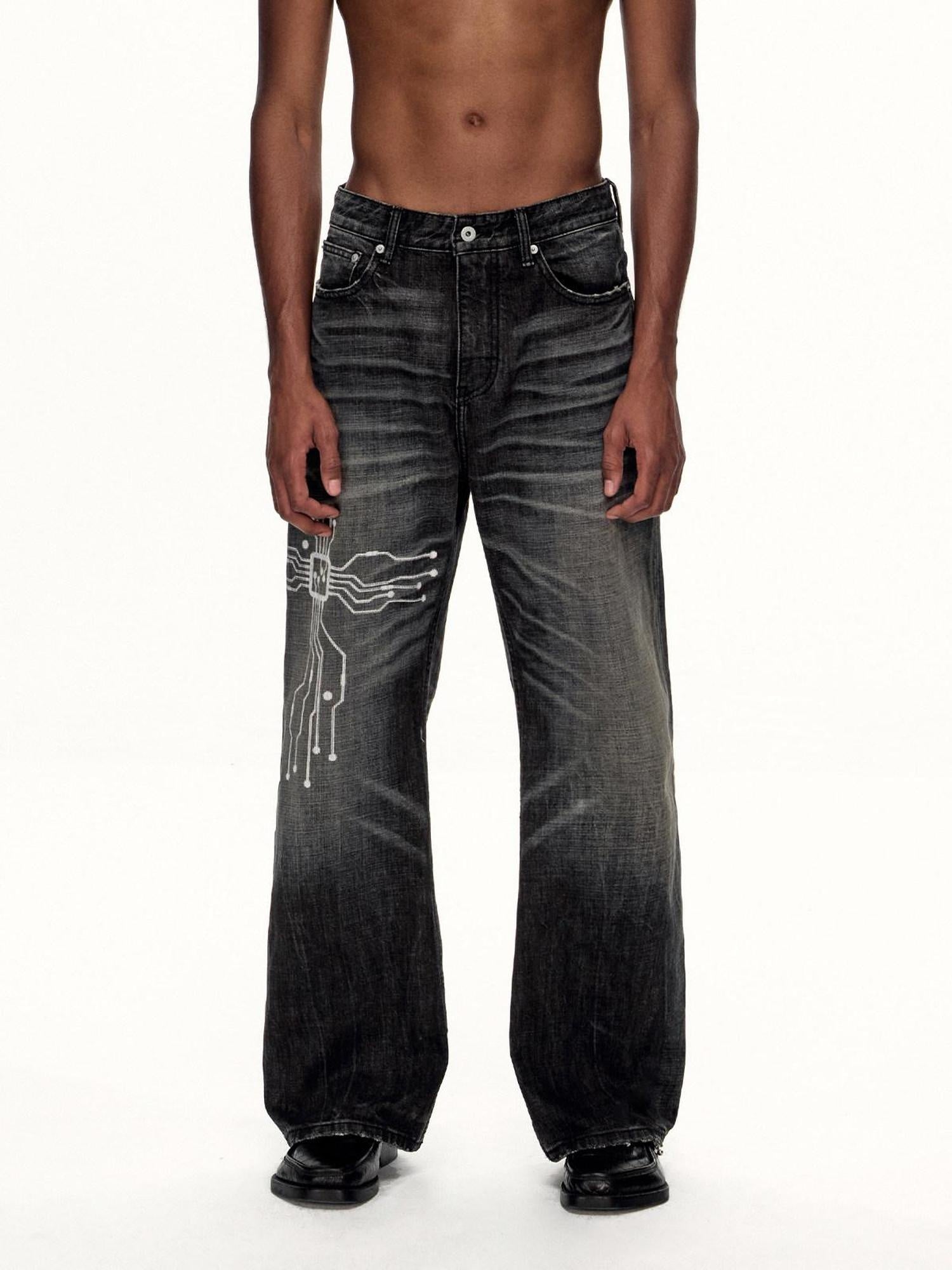 EMOBROTHER Wrinkle Free Whiskered Printed Mid Rise Relaxed Casual Cotton Straight Jeans