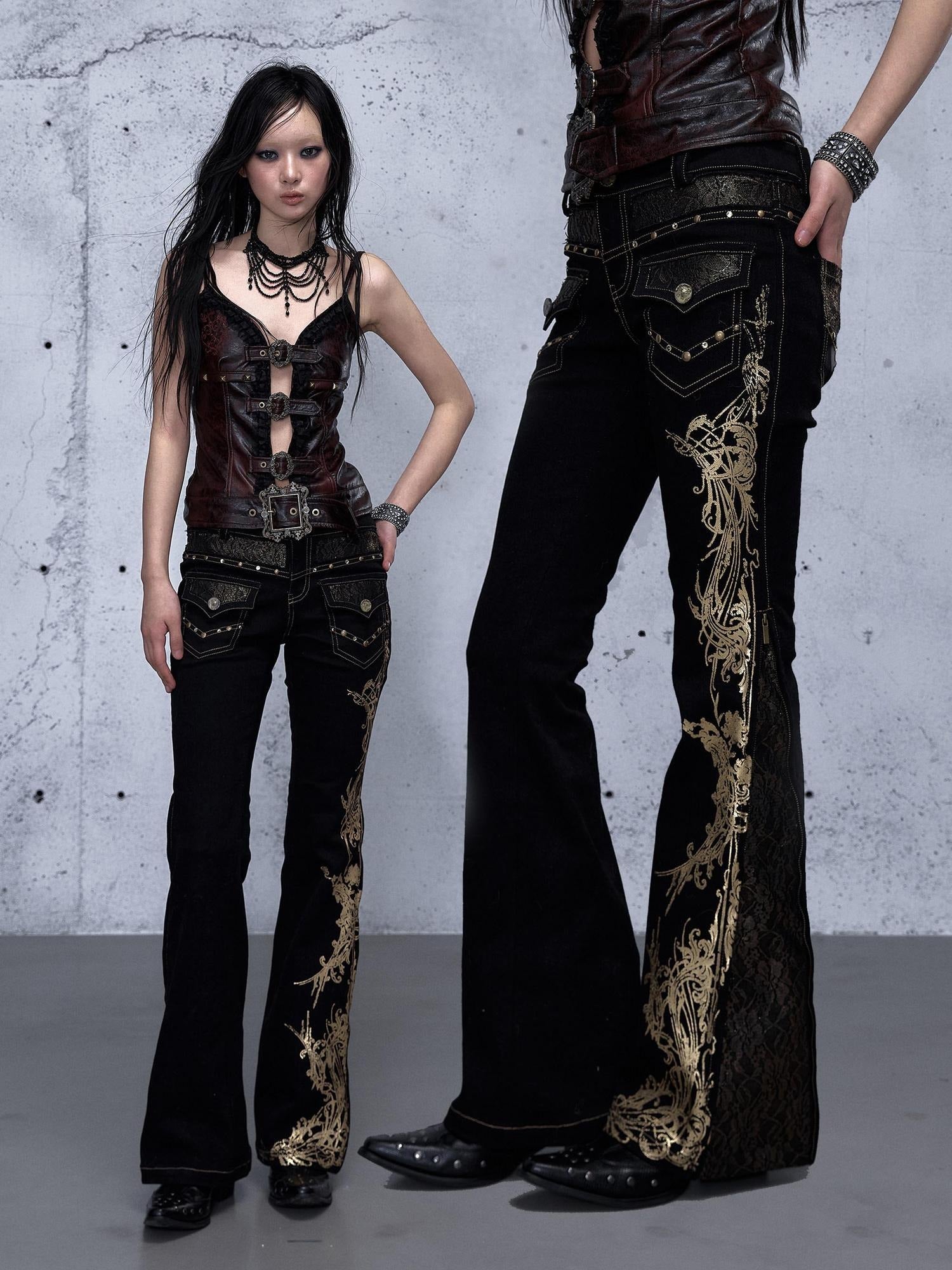 NO ROMANCE Rhinestone Low Rise Slim Fit Modern Patchwork Floral Mid Stretch Flare Jeans