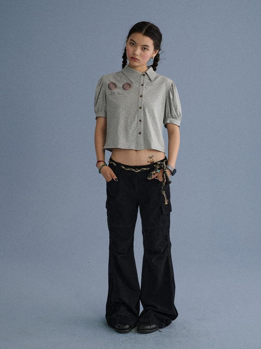 Achihara Blue Grey Buttoned Printed Collared Women'S Cotton Short Sleeve T-Shirts