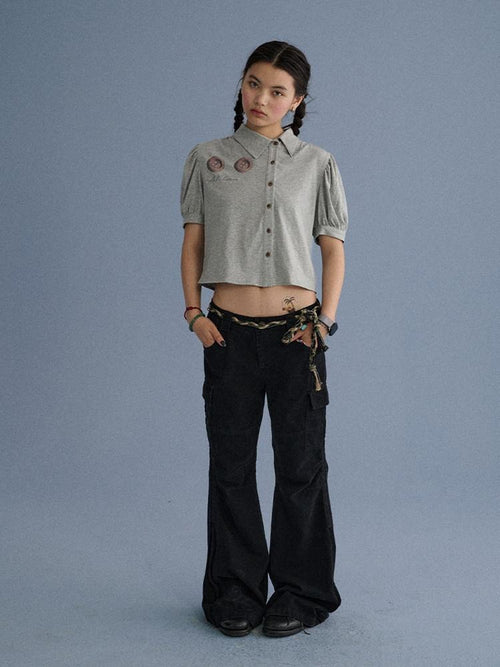 Achihara Blue Grey Buttoned Printed Collared Women'S Cotton Short Sleeve T-Shirts