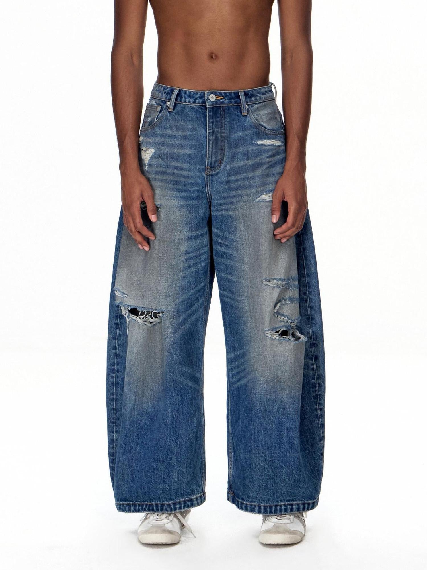 EMOBROTHER Distressed Washed Mid High Waist 100% Cotton Casual Blue Wide-Leg Jeans