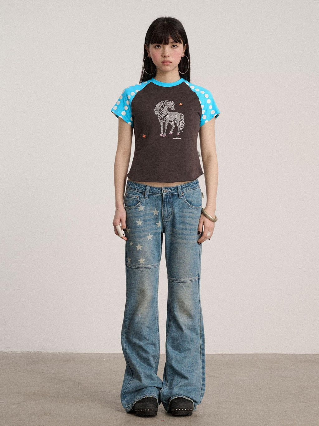 Achihara Polka Dot Contrast Panel Rhinestone Women'S Cotton Blend Short Sleeve T-Shirts