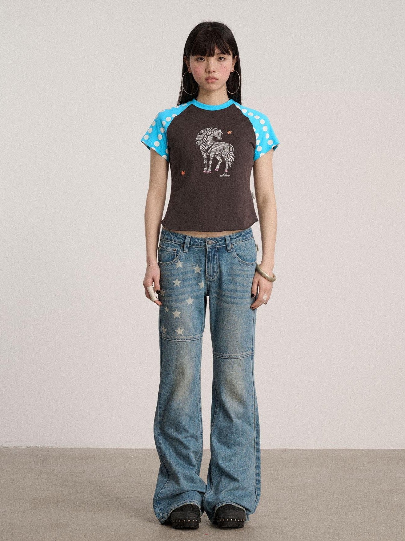 Achihara Polka Dot Contrast Panel Rhinestone Women'S Cotton Blend Short Sleeve T-Shirts