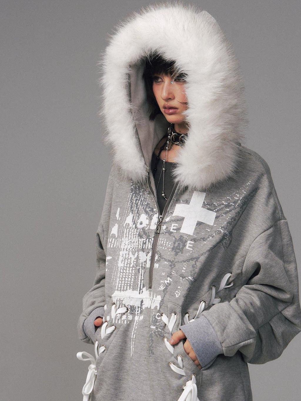 Frustration Garden Original Design Loose Fit Printed Fur Collar Zip Hooded Warm Gray Women Hoodies