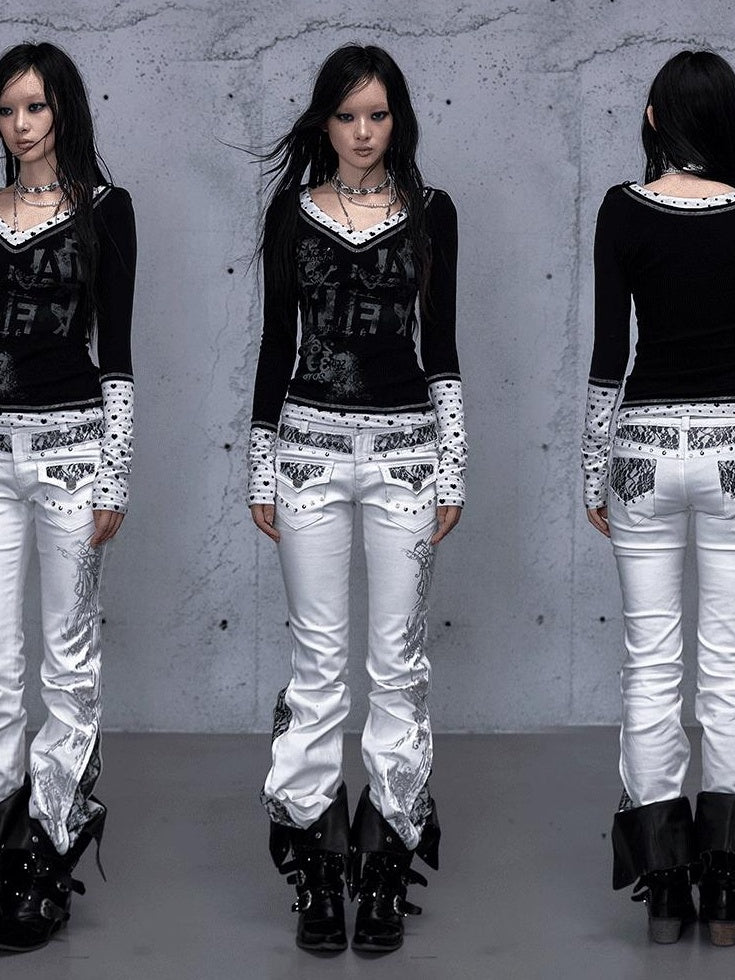 NO ROMANCE Slimming V-neck Patchwork Fitted Women Letter Long Sleeve T-Shirts