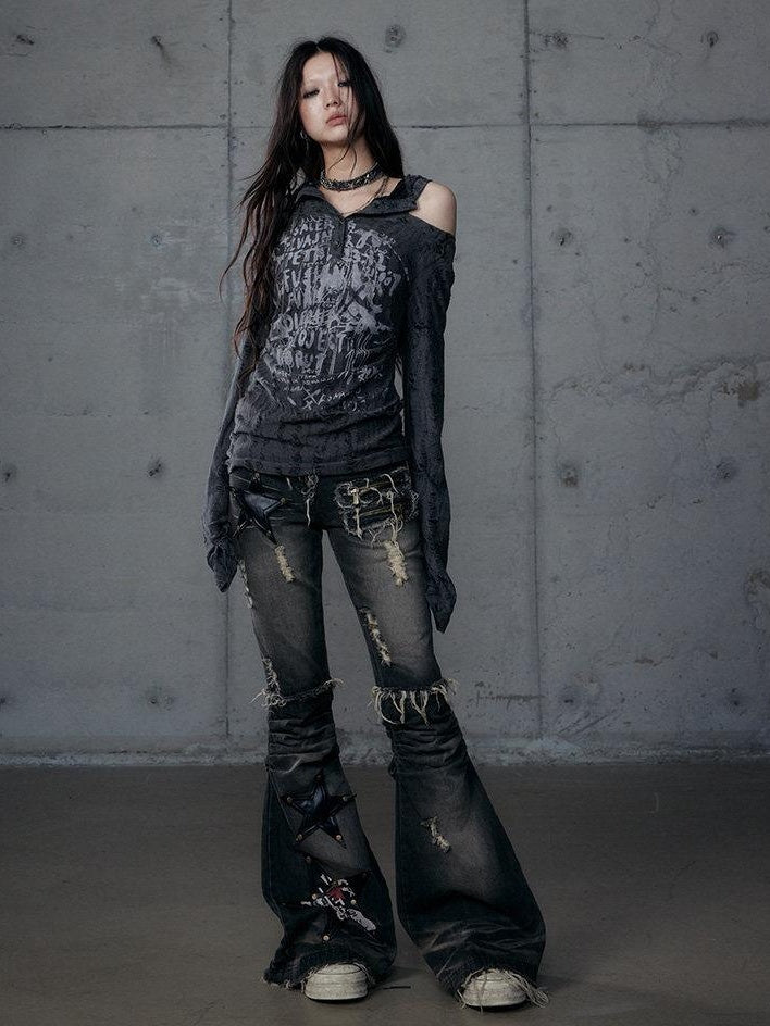 NO ROMANCE Vintage Washed Black Star Print High Waist Slim Fit Women Jeans Flare Jeans