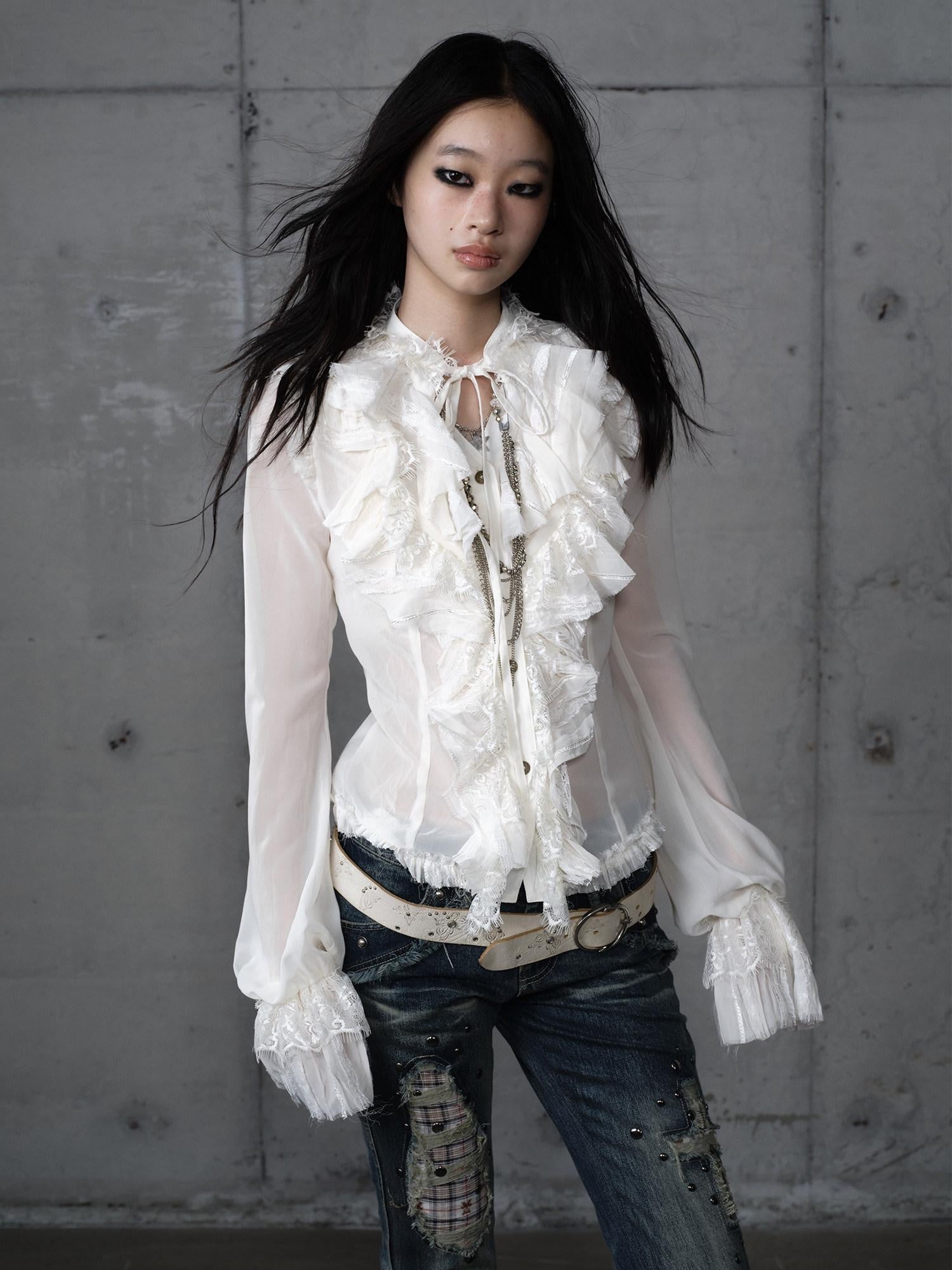 NO ROMANCE Slimming Vintage Slim Fit Ruffle Stand Collar Chiffon Long Sleeve Women Blouses