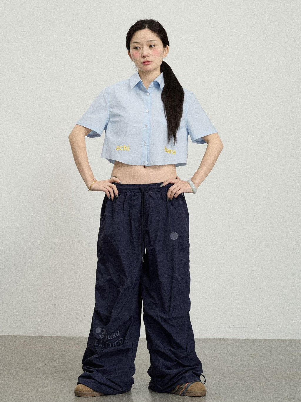 Achihara Soda Blue Office Collared Short Sleeve Women'S 100 Percent Cotton Crop Tops