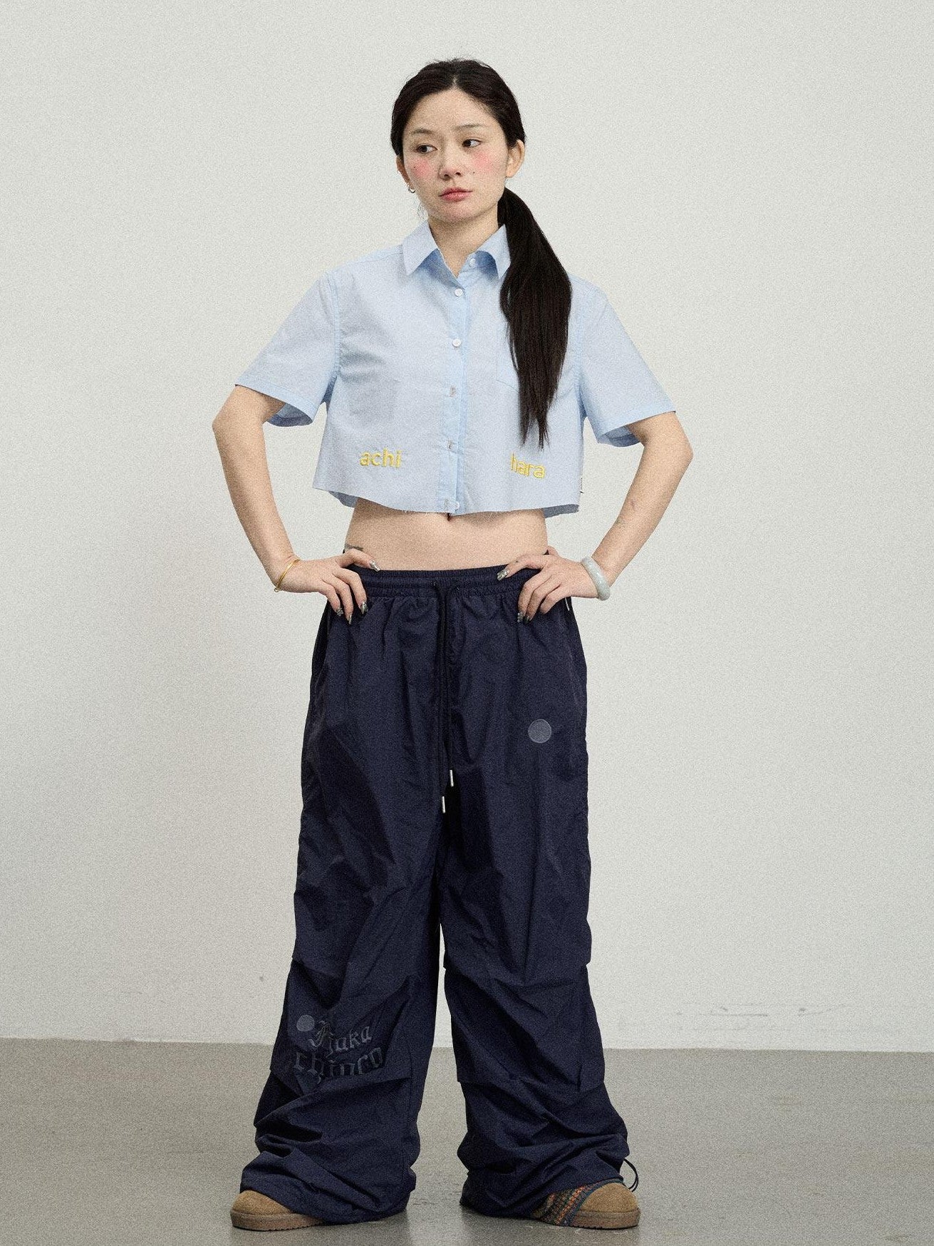 Achihara Soda Blue Office Collared Short Sleeve Women'S 100 Percent Cotton Crop Tops