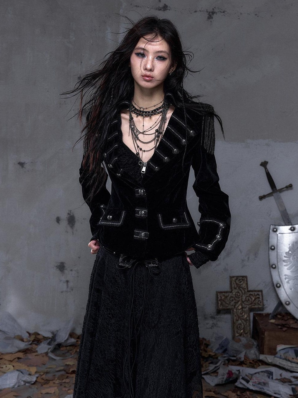 NO ROMANCE Light Fleece Lined Fitted Waist Button Long Sleeve Black Cropped Jackets