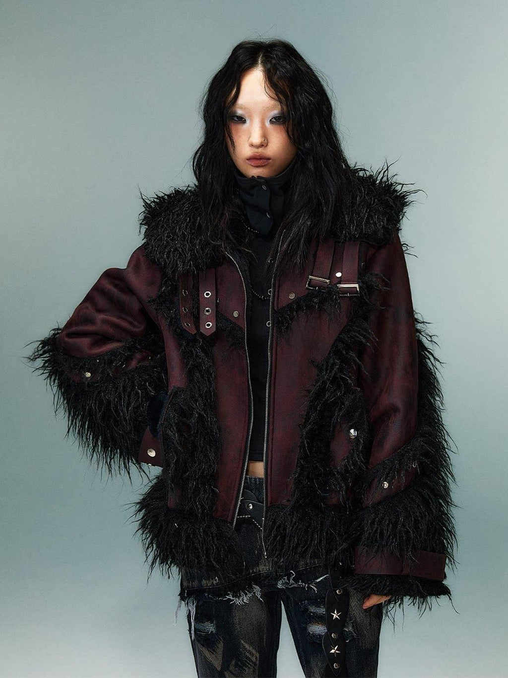 Frustration Garden Warm Oversized Original Zip Patchwork Faux Fur Studs Women Casual Jackets