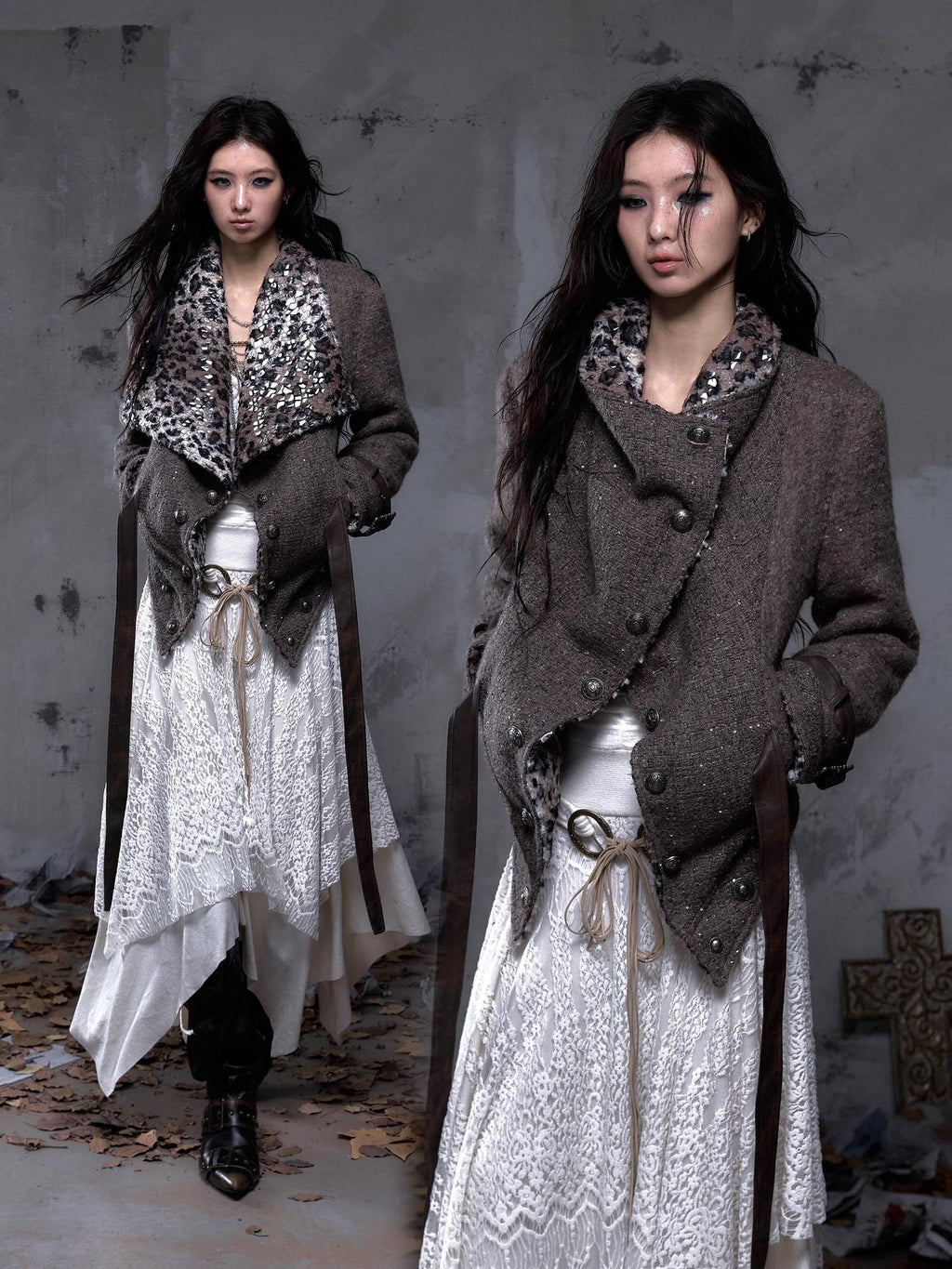 NO ROMANCE Reversible Leopard Print Loose Fit Lapel Long Sleeve Womens Tweed Jackets