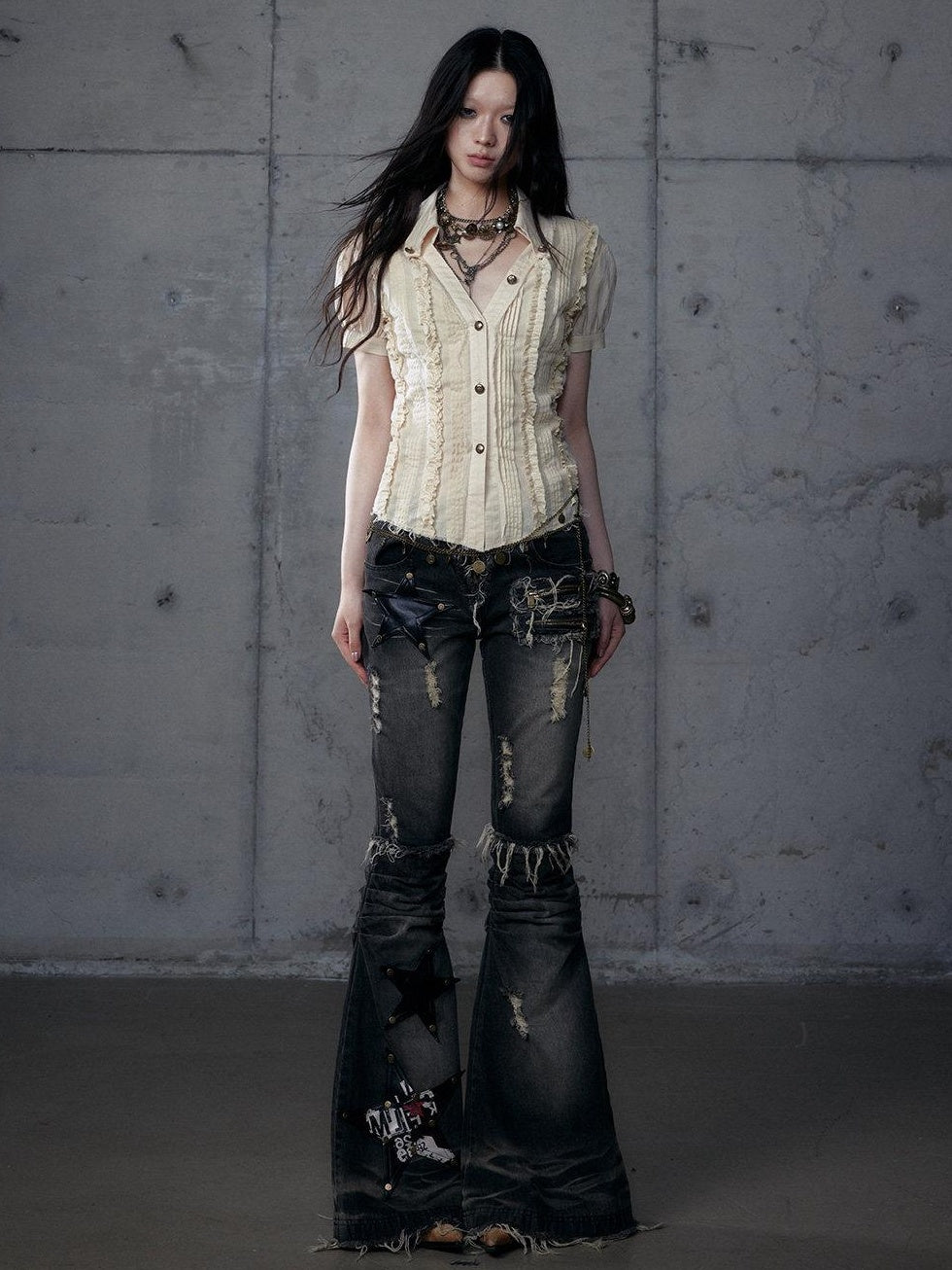 NO ROMANCE Vintage Washed Black Star Print High Waist Slim Fit Women Jeans Flare Jeans