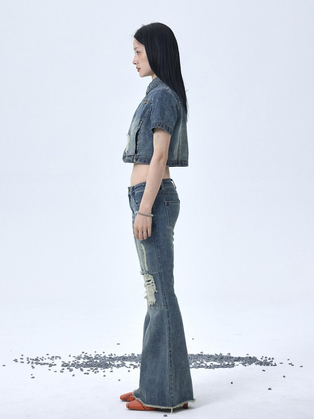 Achihara Vintage Washed Distressed Ripped Low Rise Women'S Denim Flare Jeans