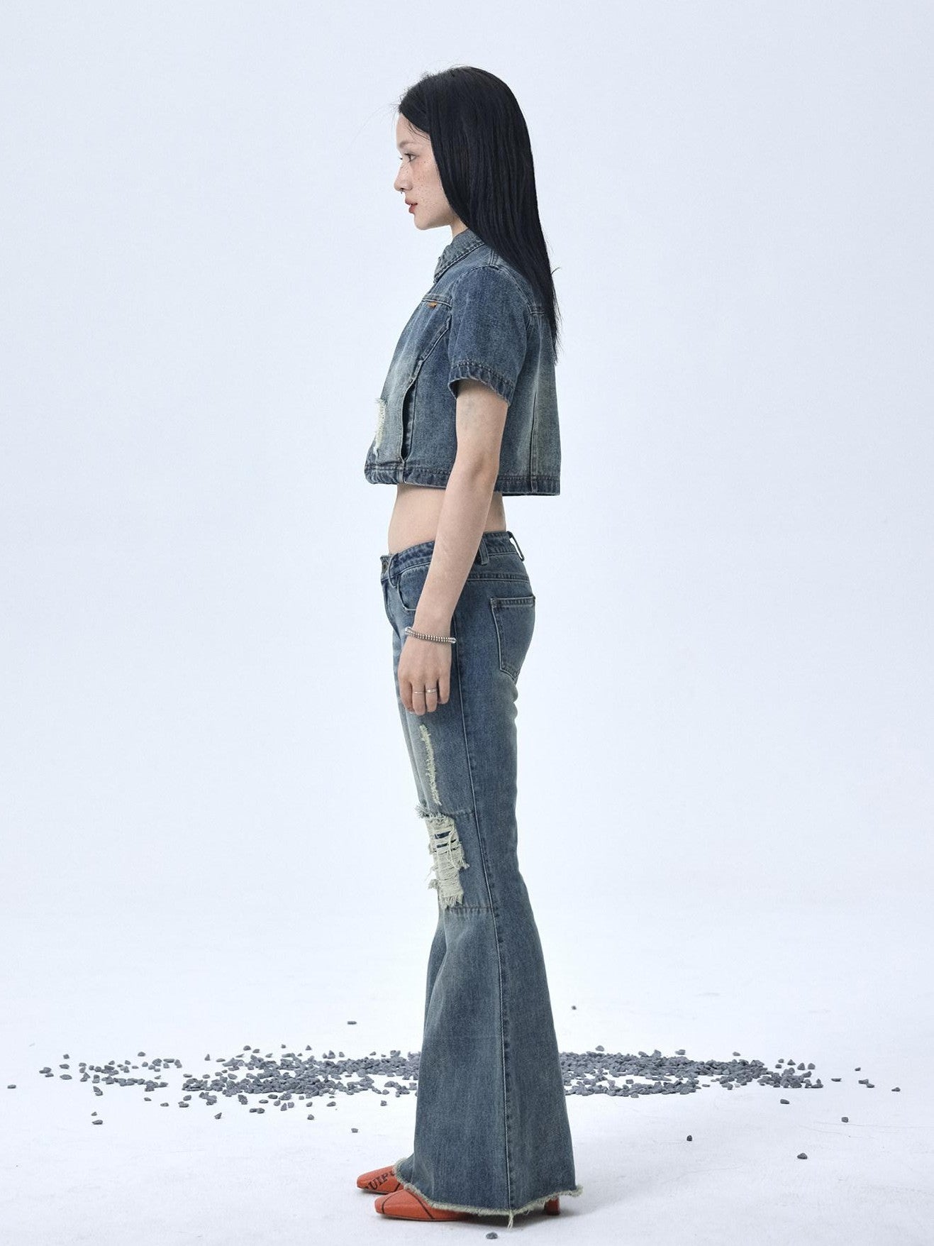 Achihara Vintage Washed Distressed Ripped Low Rise Women'S Denim Flare Jeans