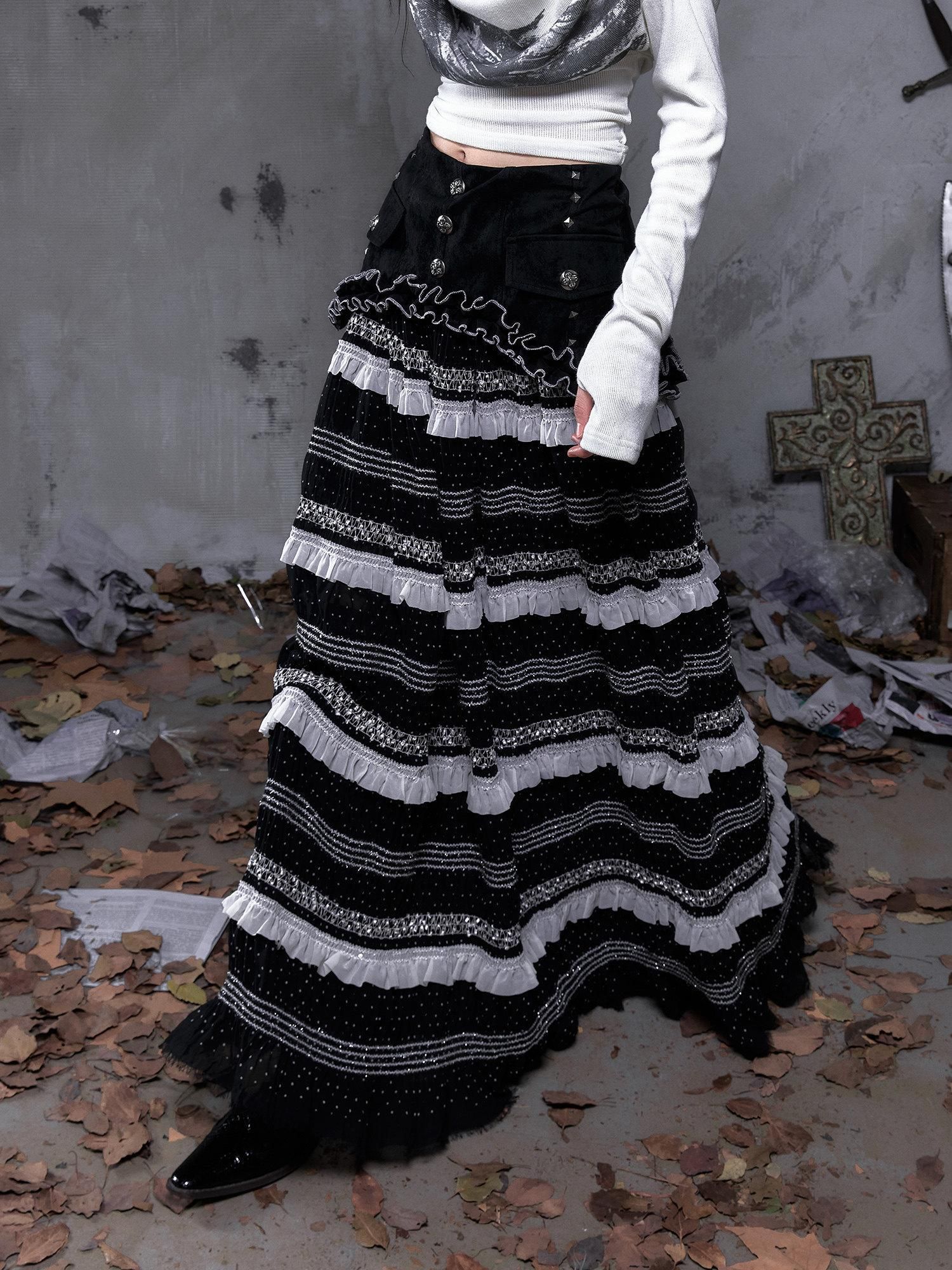 NO ROMANCE High Waist Victorian Lace Patchwork Pu Panel A Line Women Black Maxi Skirts