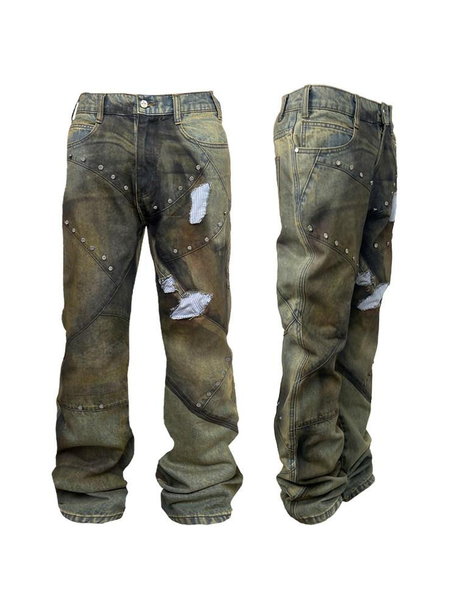 Night Lab Ripped Patchwork Enzyme Wash Low Rise Loose Cotton Straight Jeans
