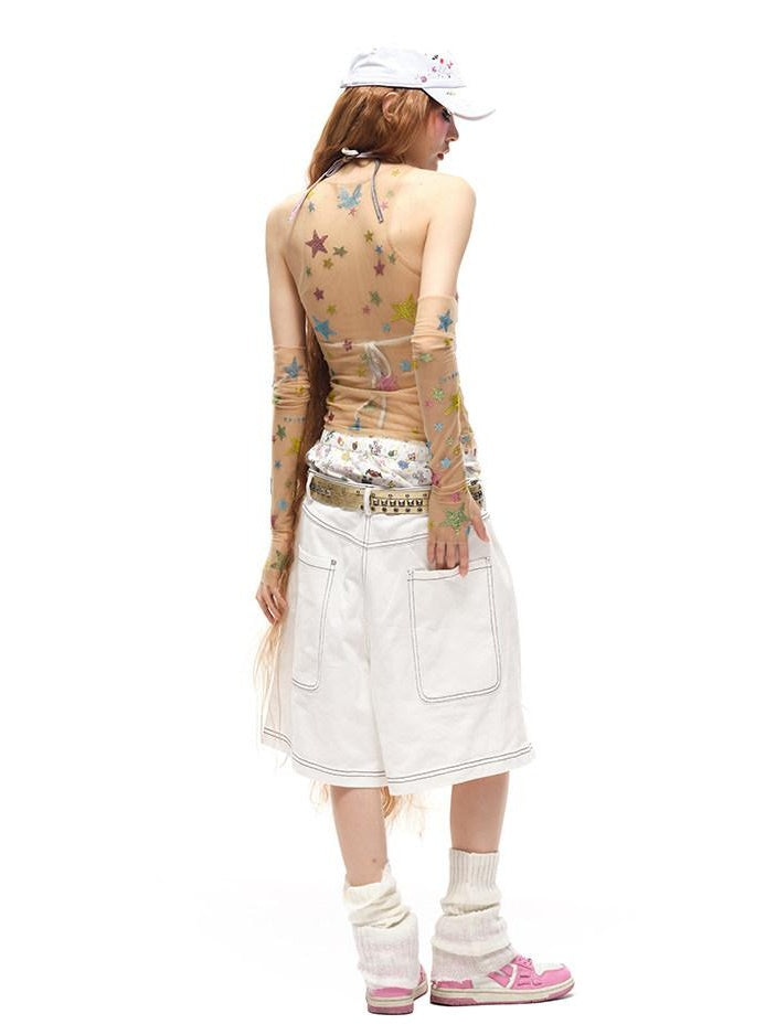 CFIERCE Breathable Cotton Low Waist Wide Leg Loose Fit Casual Youth Red White Zipper Fly