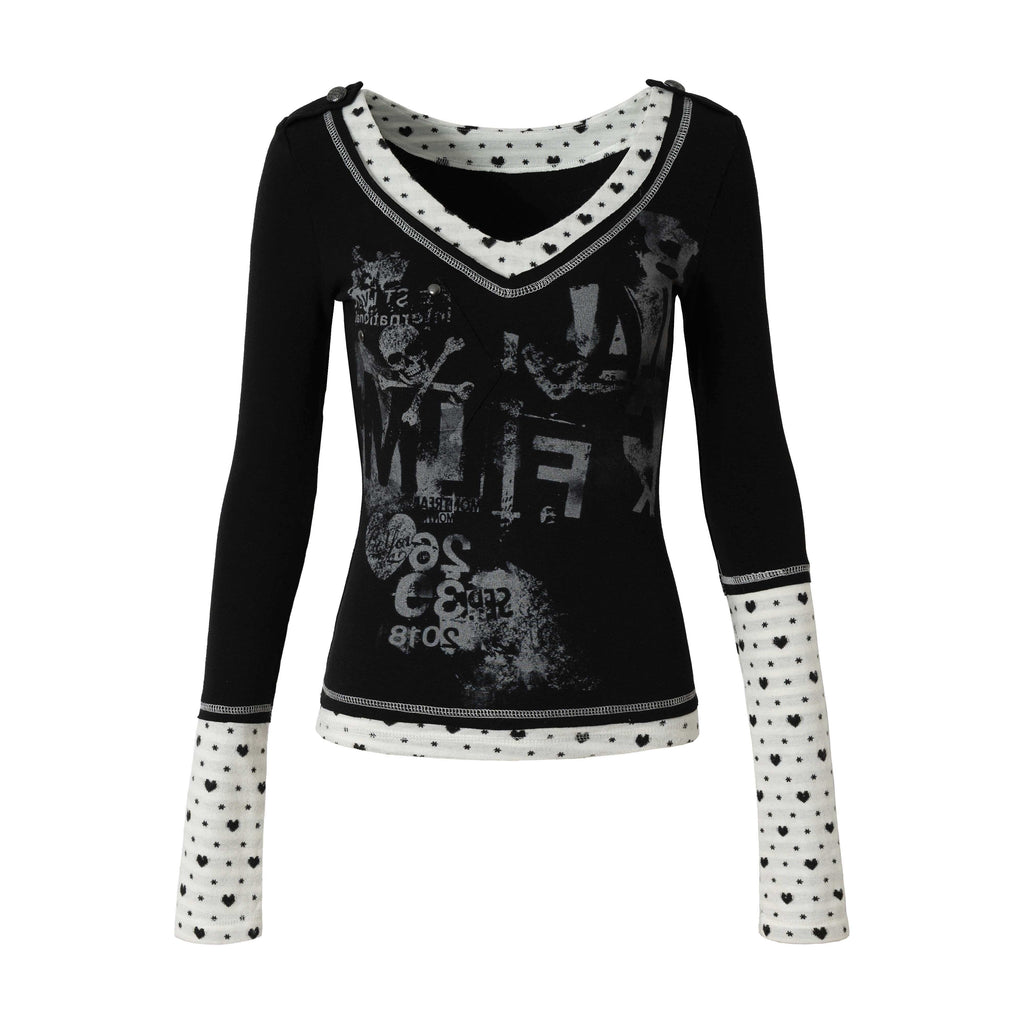 NO_ROMANCE_Slimming_V-neck_Patchwork_Fitted_Women_Letter_Long_Sleeve_T-Shirts_MISSTT