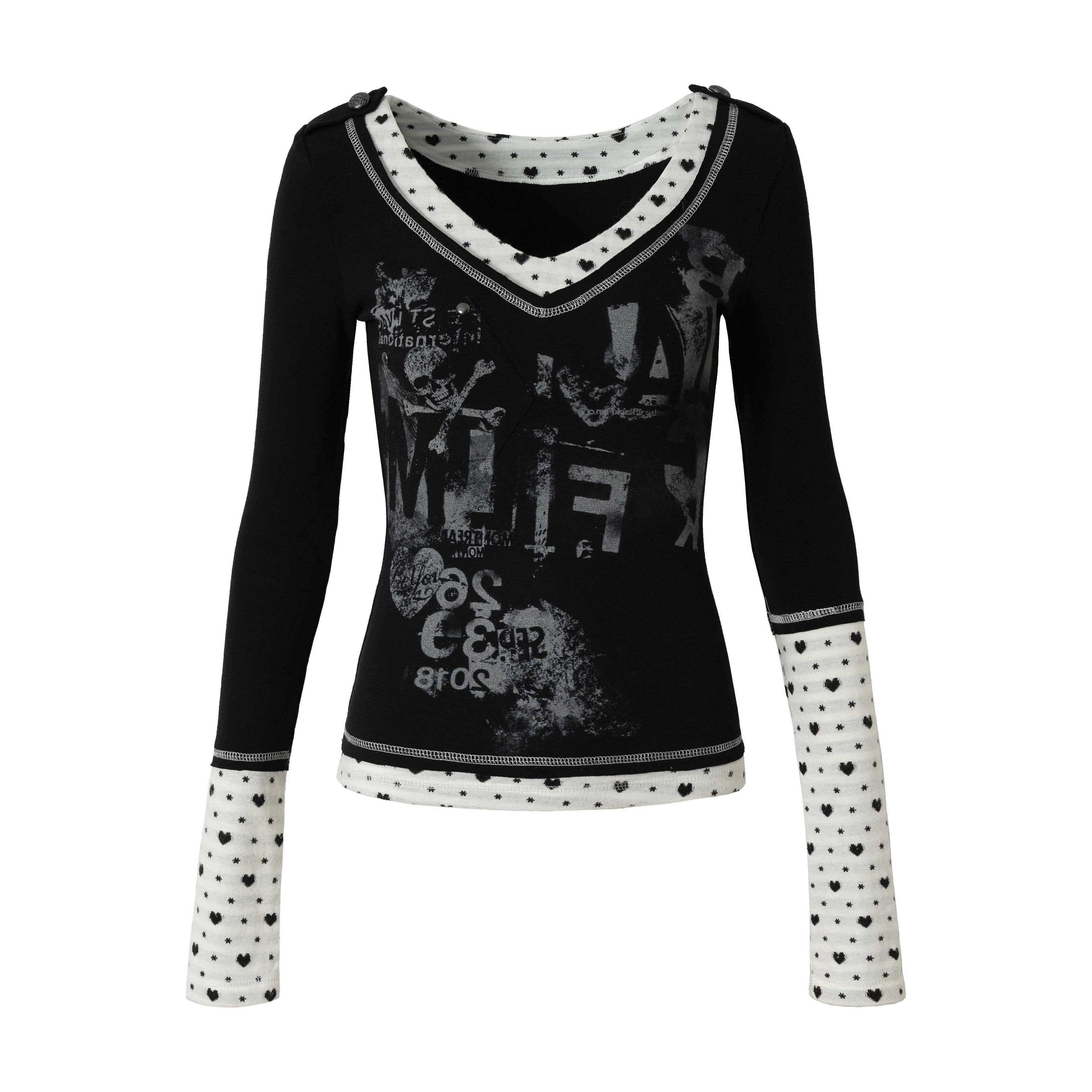 NO_ROMANCE_Slimming_V-neck_Patchwork_Fitted_Women_Letter_Long_Sleeve_T-Shirts_MISSTT