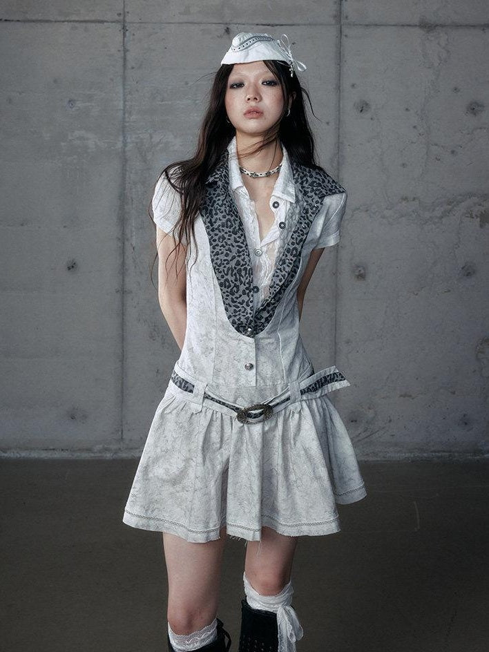 NO ROMANCE Layered Patchwork Polo Collar Slim Short Sleeve Travel Washed White Blouses