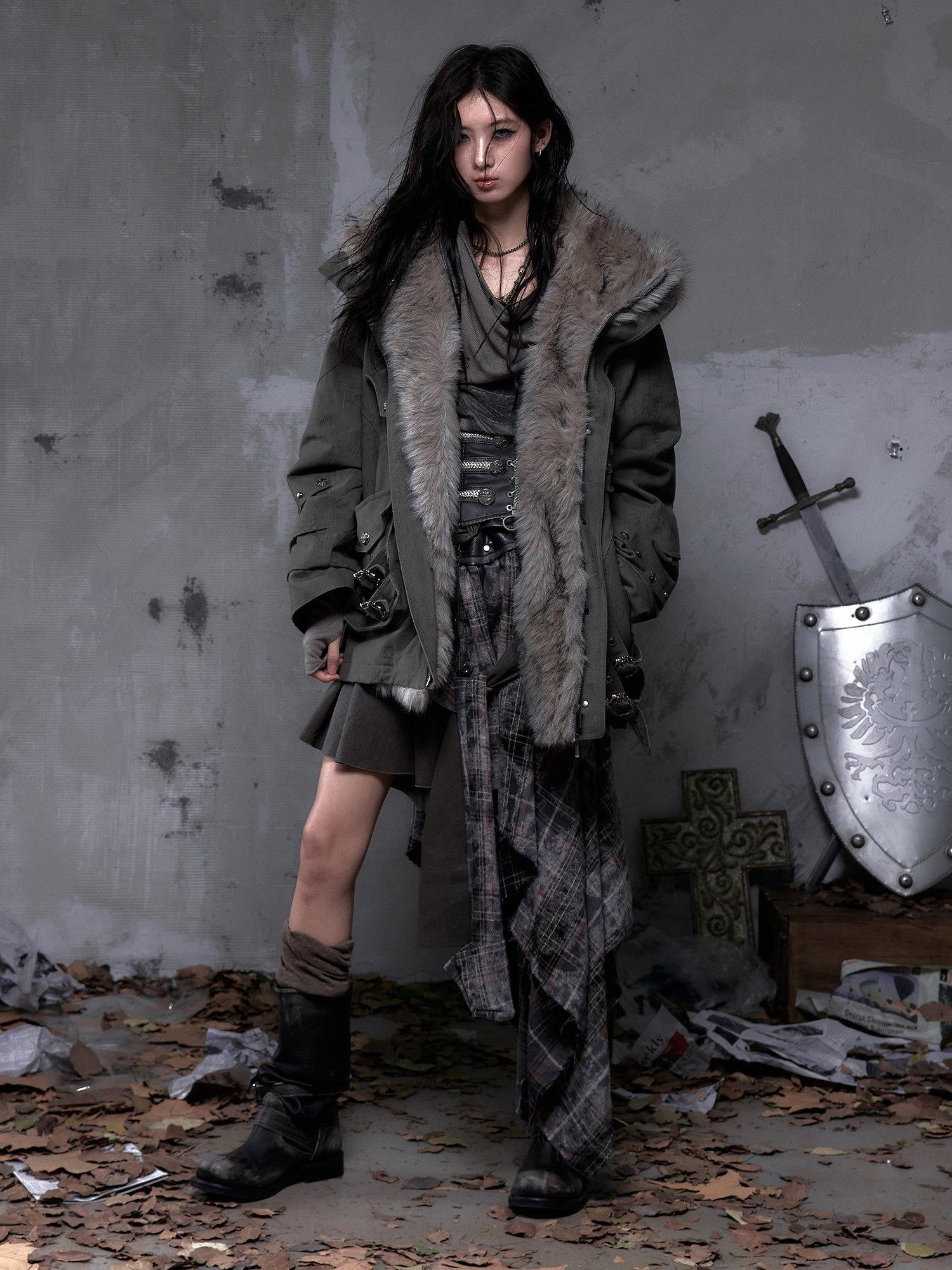 NO ROMANCE Thick Insulated Hooded Punk Oversized Midlength Zip Khaki Green Puffer Jackets