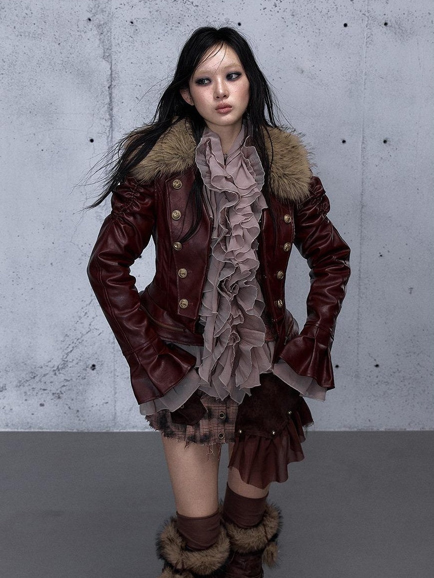 NO ROMANCE Removable Punk Style Regular Fit Women Burgundy Button Front Casual Jackets