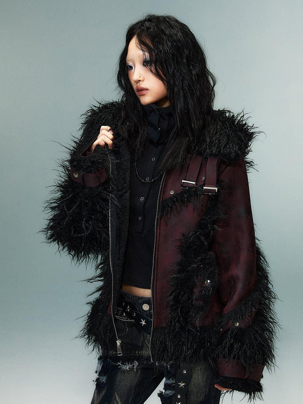Frustration Garden Warm Oversized Original Zip Patchwork Faux Fur Studs Women Casual Jackets