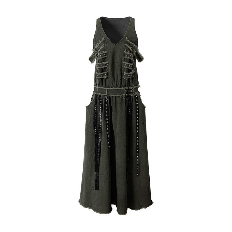 NO_ROMANCE_Washed_Grunge_Green_Pocketed_Punk_A_Line_Loose_V-neck_Women_Casual_Midi_Dresses_MISSTT