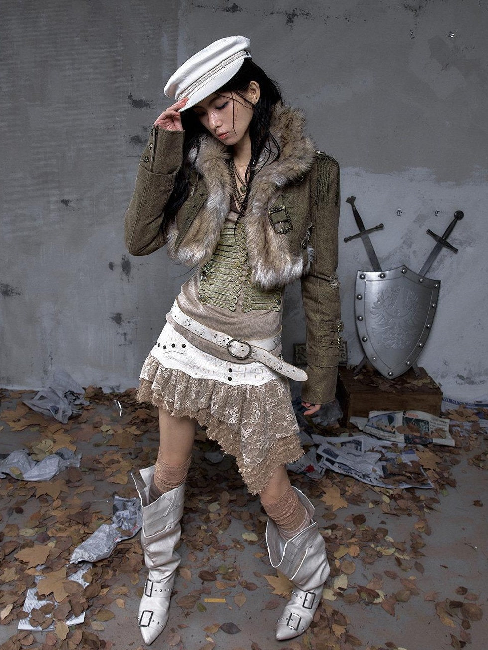 NO ROMANCE Distressed Vintage Slim Fit Cropped Long Sleeve Women Gold Khaki Casual Jackets