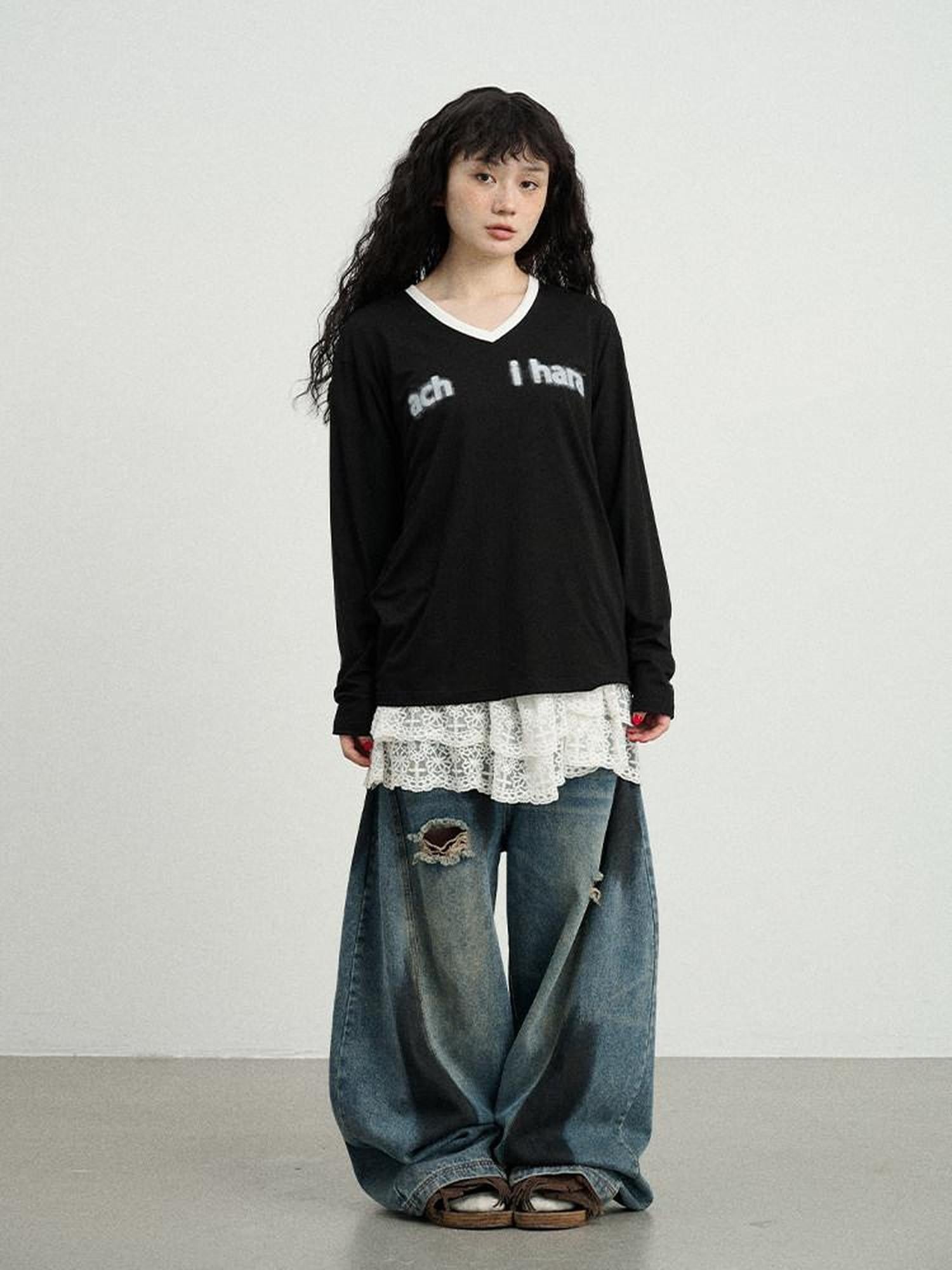 Achihara Ice Block V-neck Loose Letter Print Women'S Lyocell Short Sleeve T-Shirts