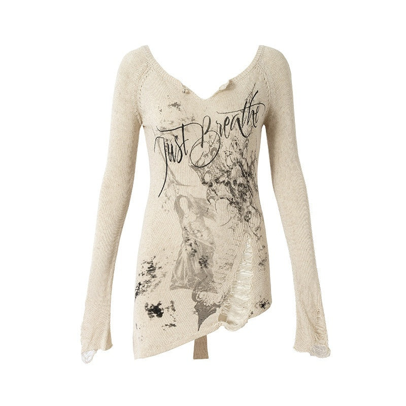 NO_ROMANCE_Soft_Slim_Punk_V-neck_Reversible_Distressed_Polyester_Women_Long_Sleeve_T-Shirts_MISSTT