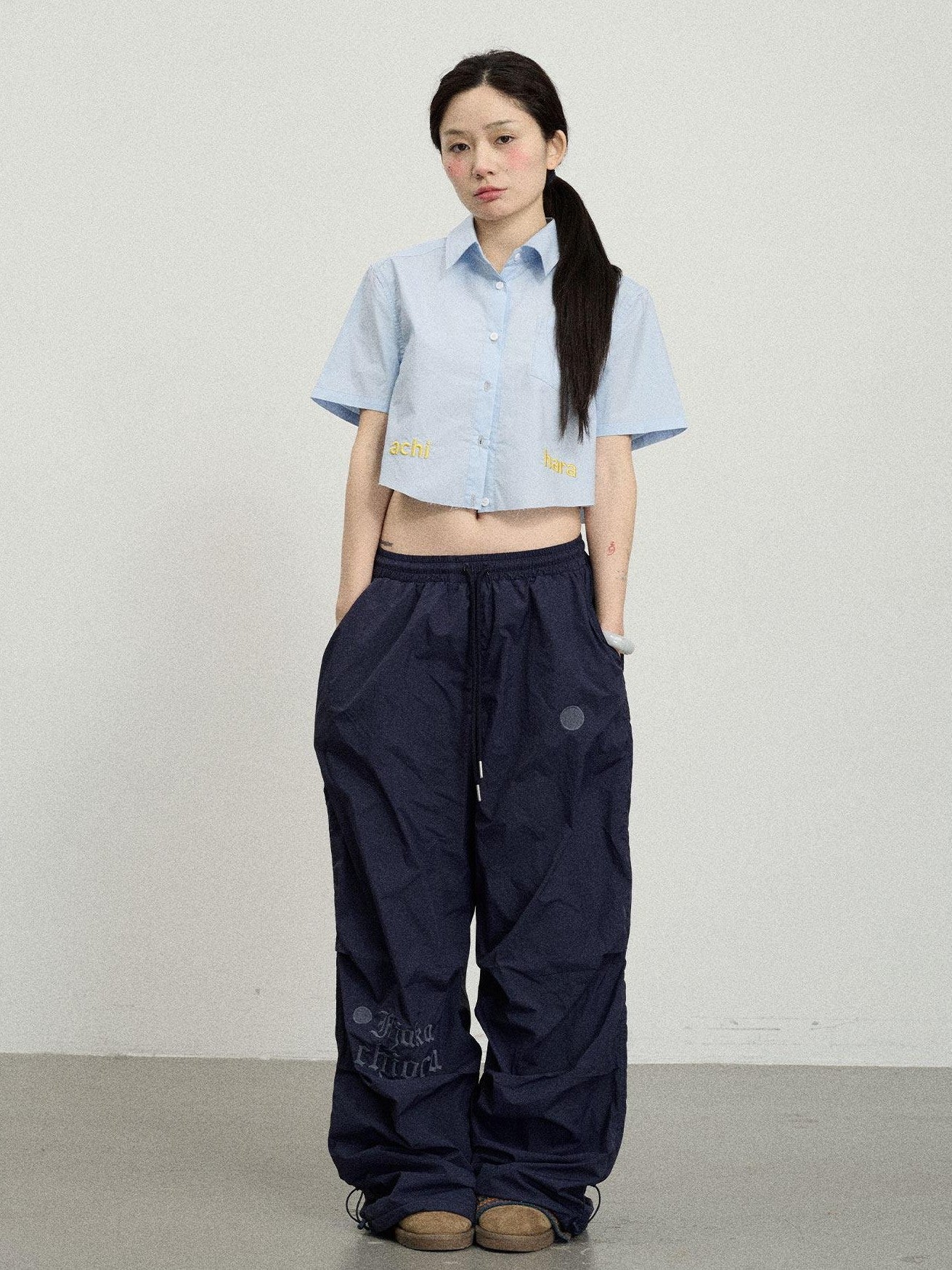 Achihara Soda Blue Office Collared Short Sleeve Women'S 100 Percent Cotton Crop Tops