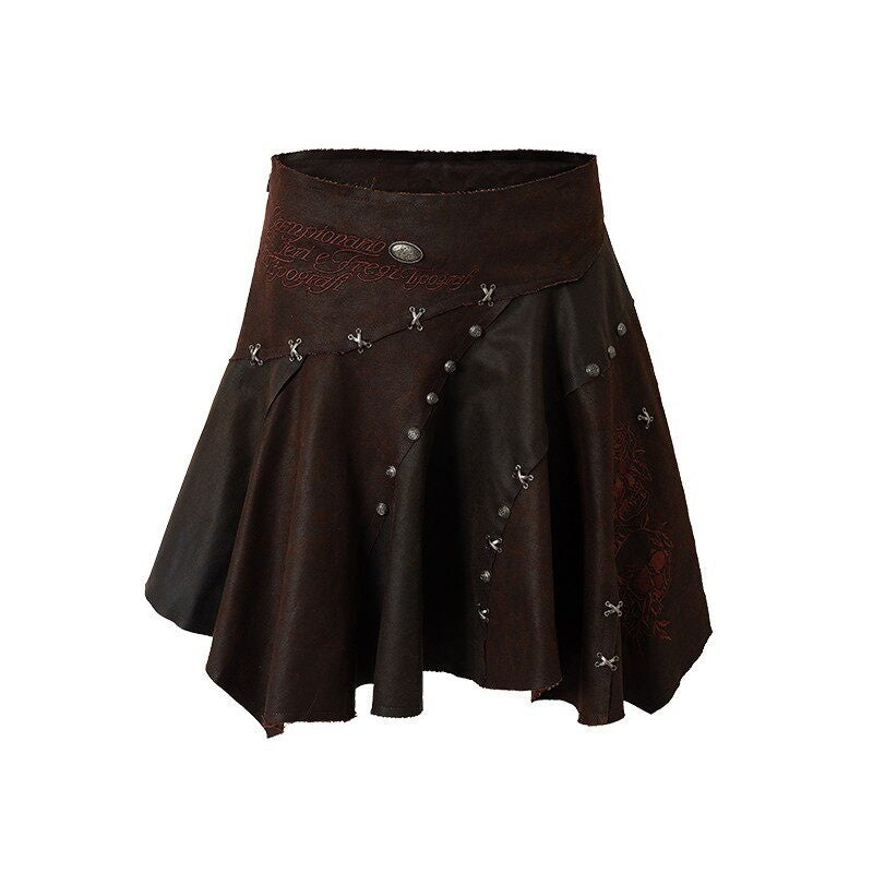 NO_ROMANCE_Embroidered_Regal_Asymmetric_Mid_Rise_Loose_Casual_Girls_Dark_Brown_Mini_Skirts_MISSTT