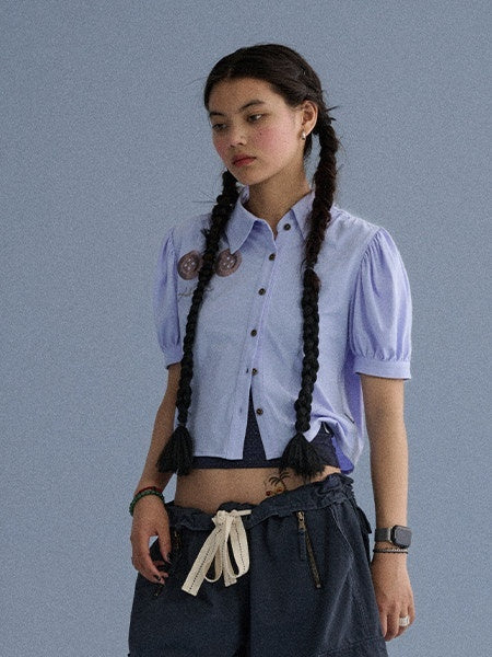 Achihara_Blue_Grey_Buttoned_Printed_Collared_Women'S_Cotton_Short_Sleeve_T-Shirts_MISSTT
